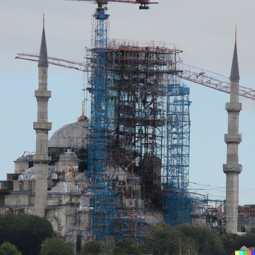 Dall e 2023 03 08 16 57 32 la mosquee bleue d istanbul en cours de construction 