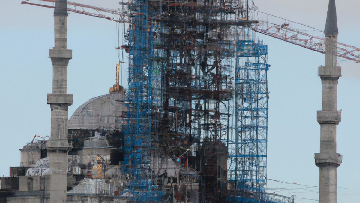 Dall e 2023 03 08 16 57 32 la mosquee bleue d istanbul en cours de construction 